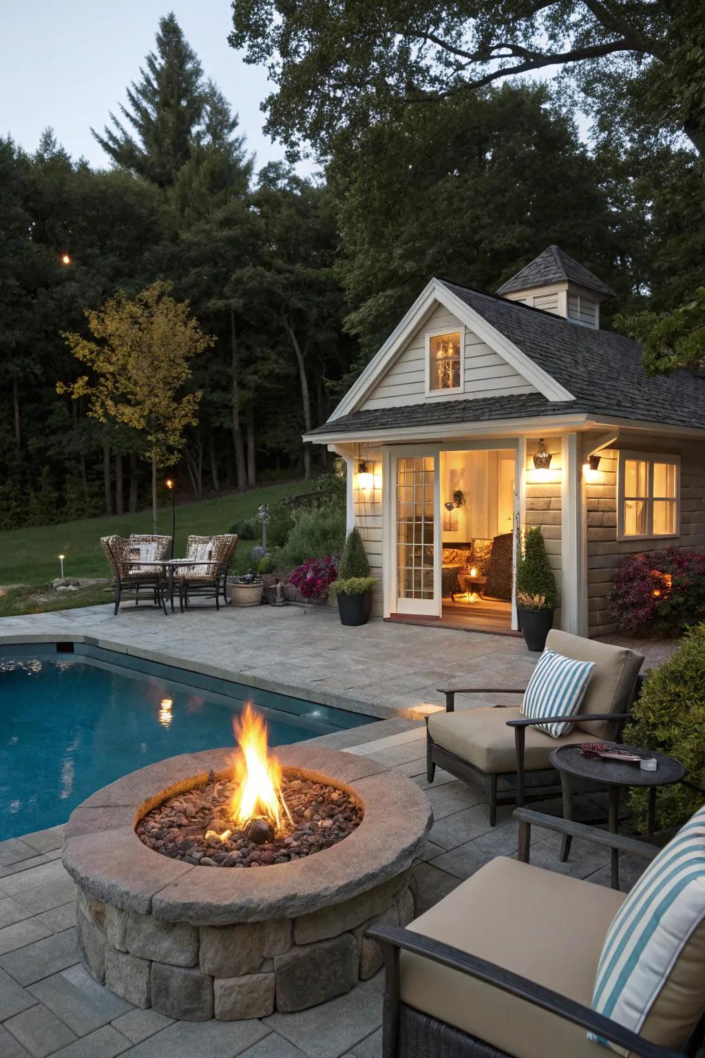 A fire pit adds warmth and ambiance to the poolside.