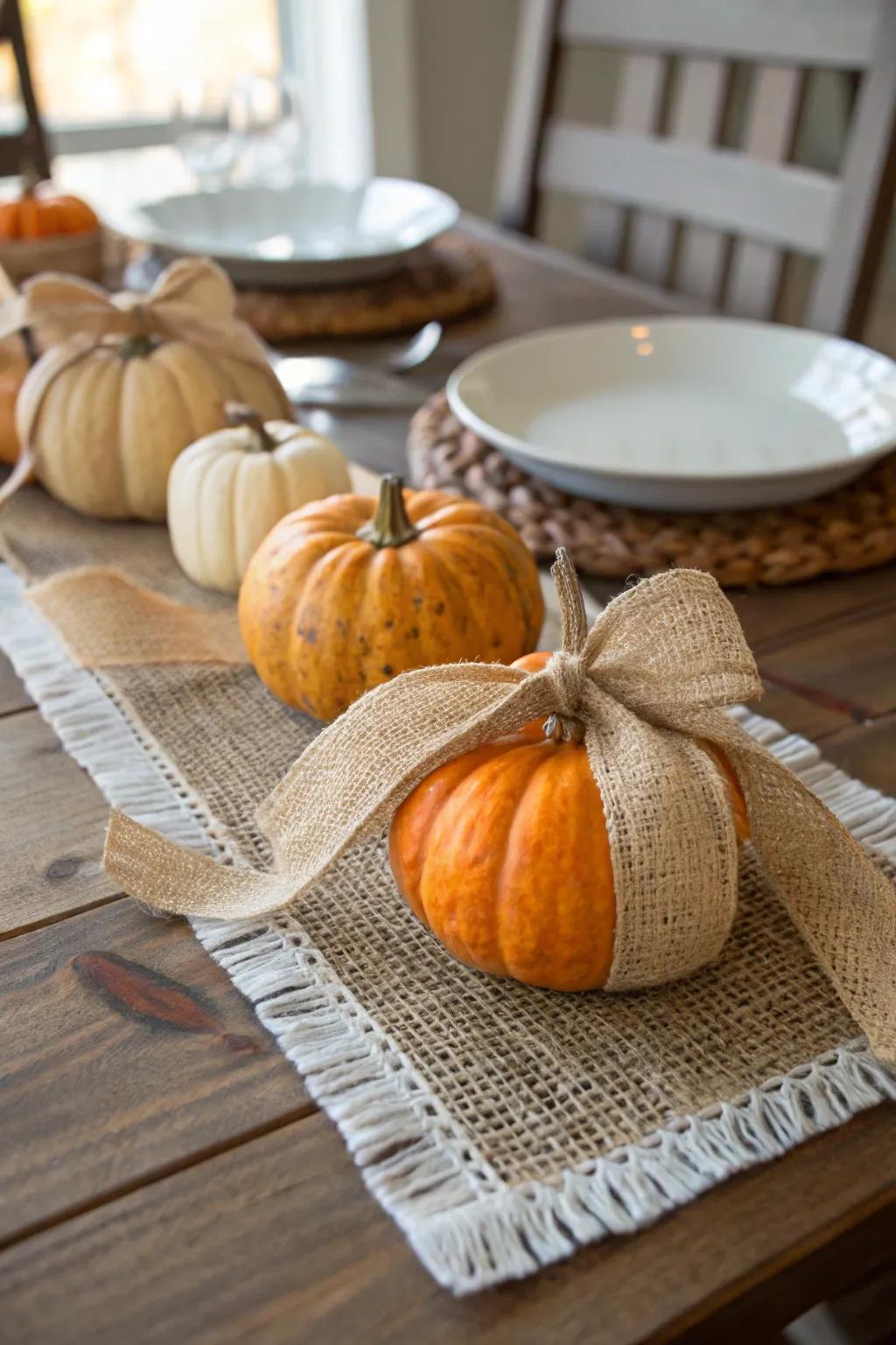 Burlap ribbons give pumpkins a rustic farmhouse appeal.