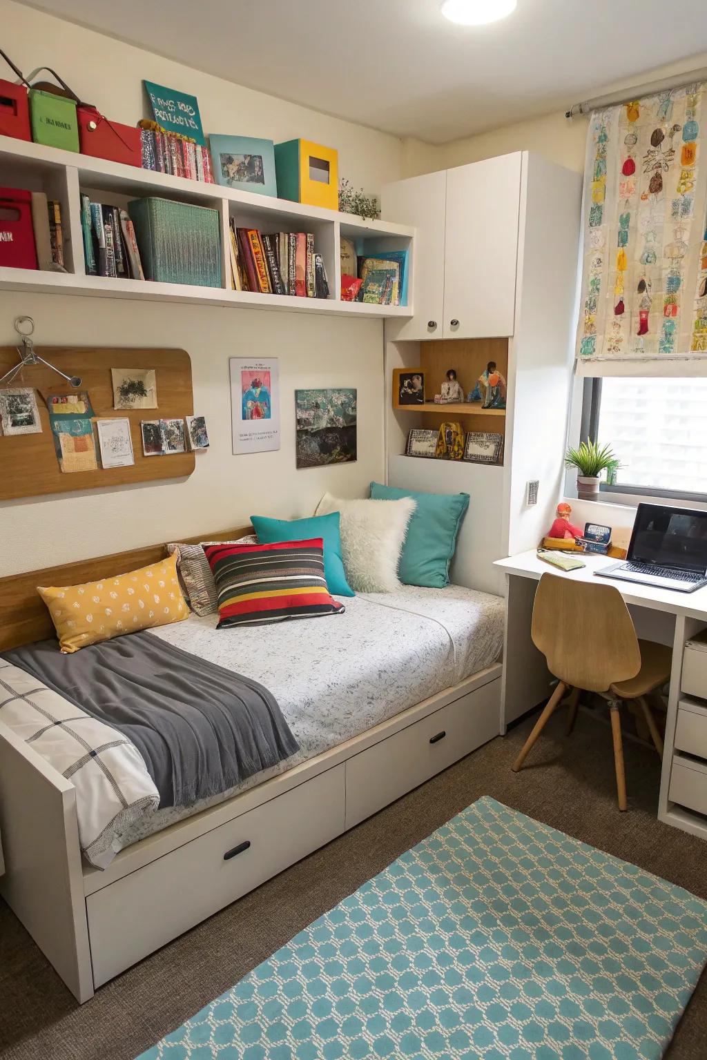 Distinct activity zones keep the room organized and functional.