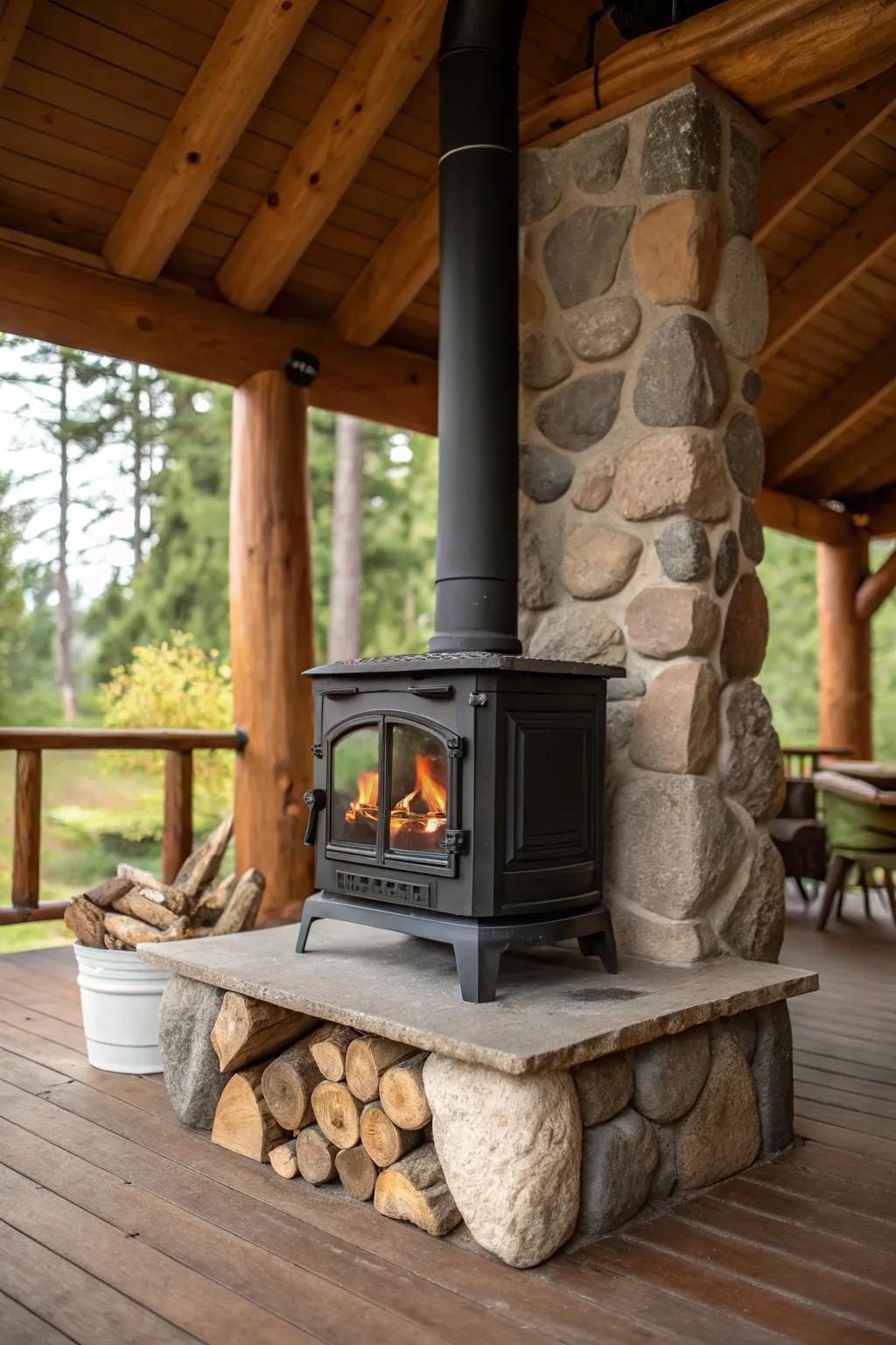 Natural stone elements bring an outdoor touch to an indoor wood stove setting.