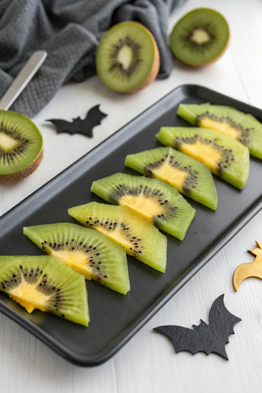 Bat wing kiwi slices bringing a touch of elegance to spooky snacking.