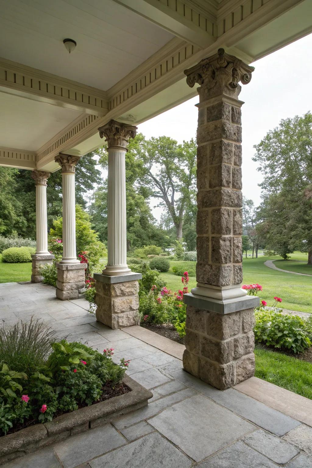 Stone-wrapped bases add rugged elegance to square columns.