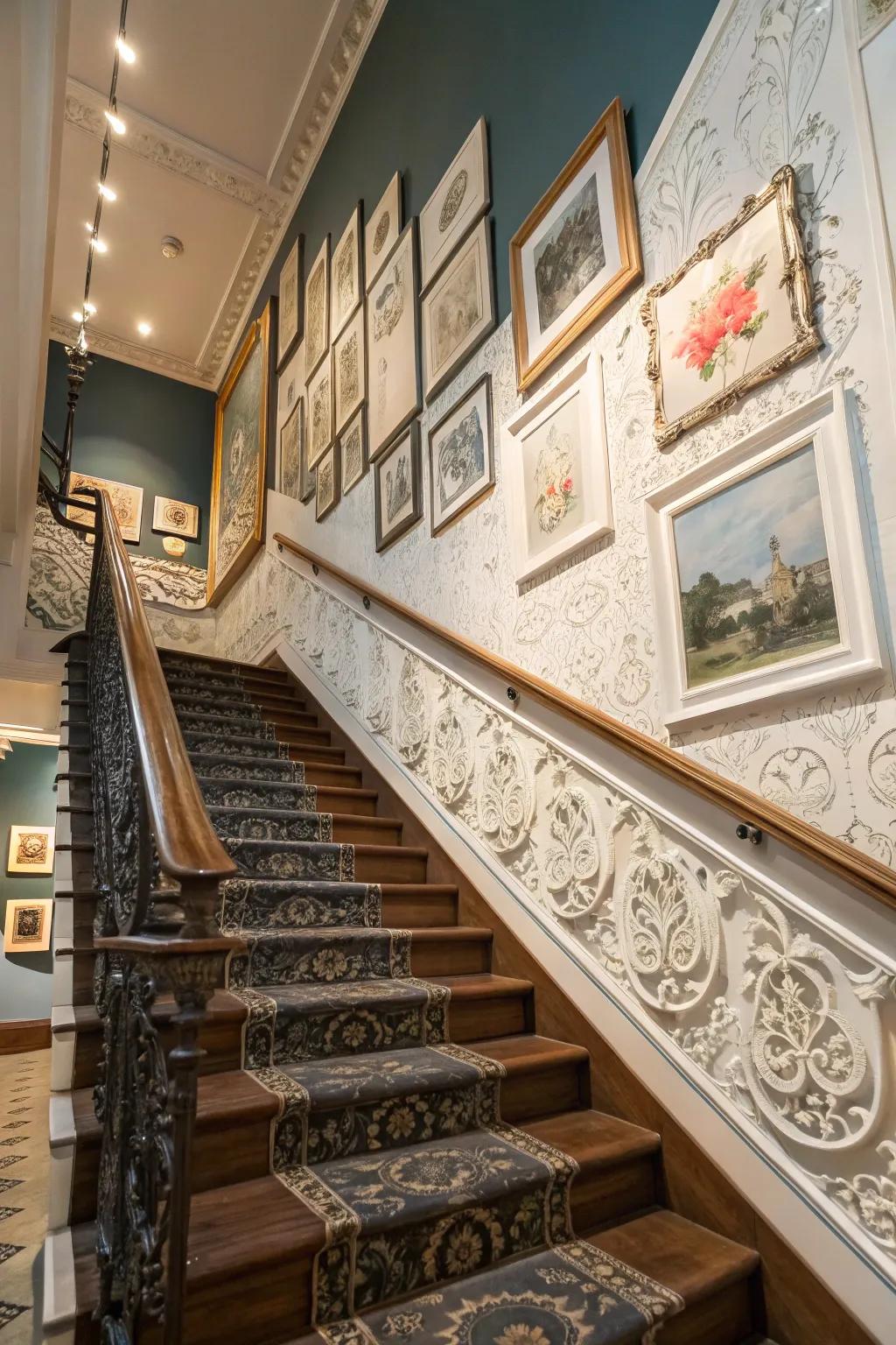 A gallery wall with molding frames adds a creative twist.