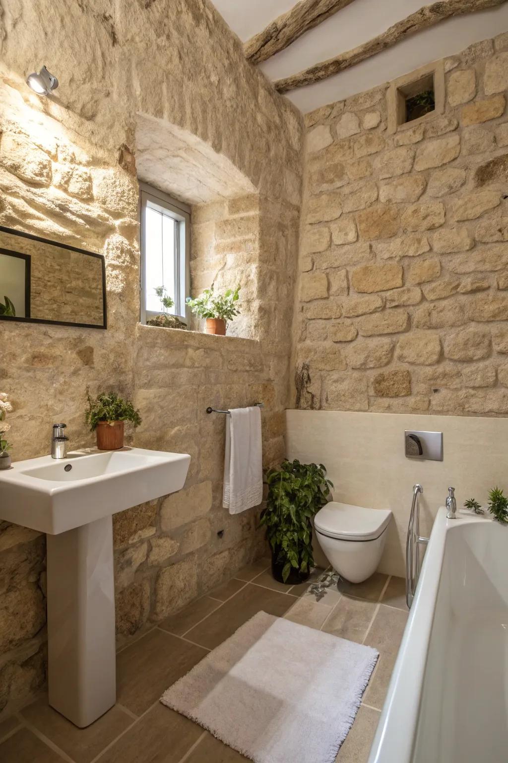 A minimalist bathroom with stone walls and simple decor, showcasing natural beauty.