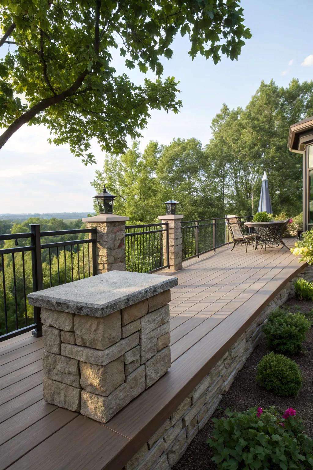 A modern deck showcasing a stylish fusion of stone skirting and metal accents.