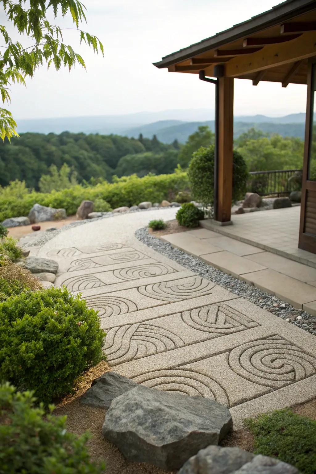 A stone patio featuring a tranquil Zen garden.