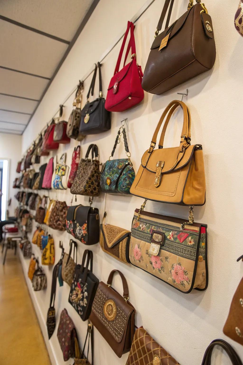 Dedicated wall creatively displaying purses.