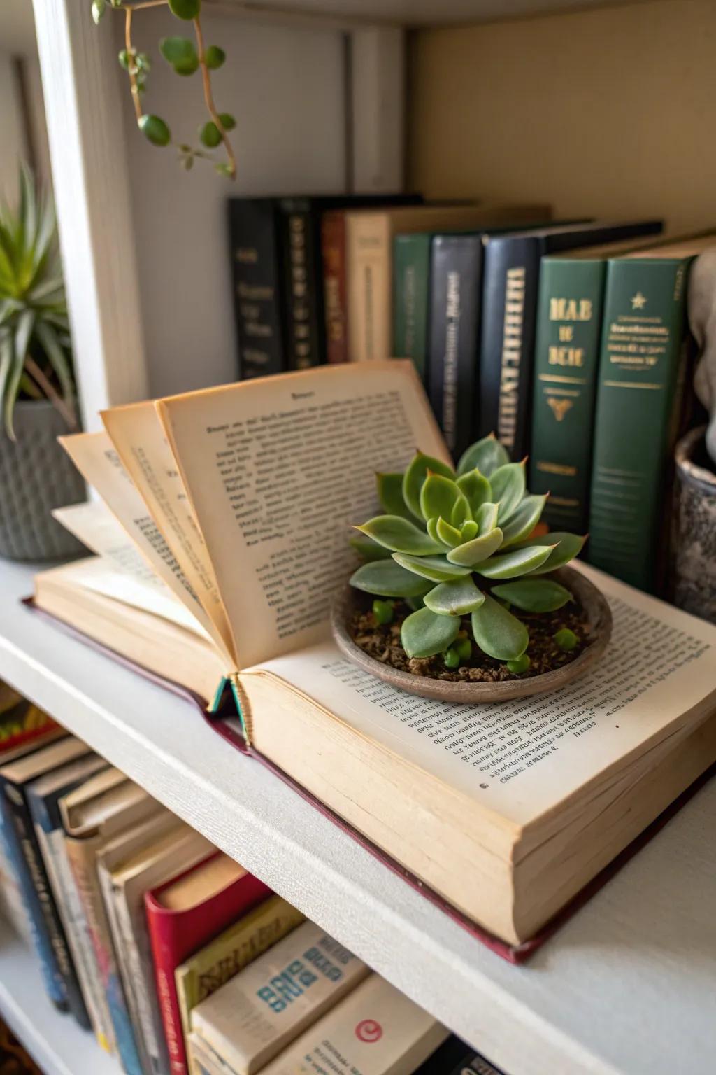 Books repurposed into planters for an intellectual twist.