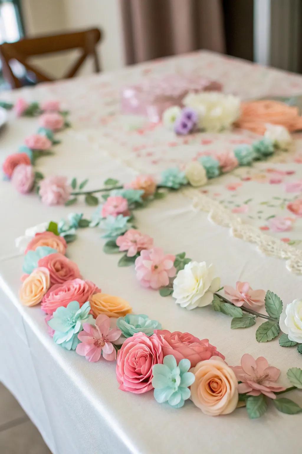 DIY flower garlands add a fresh and festive touch.