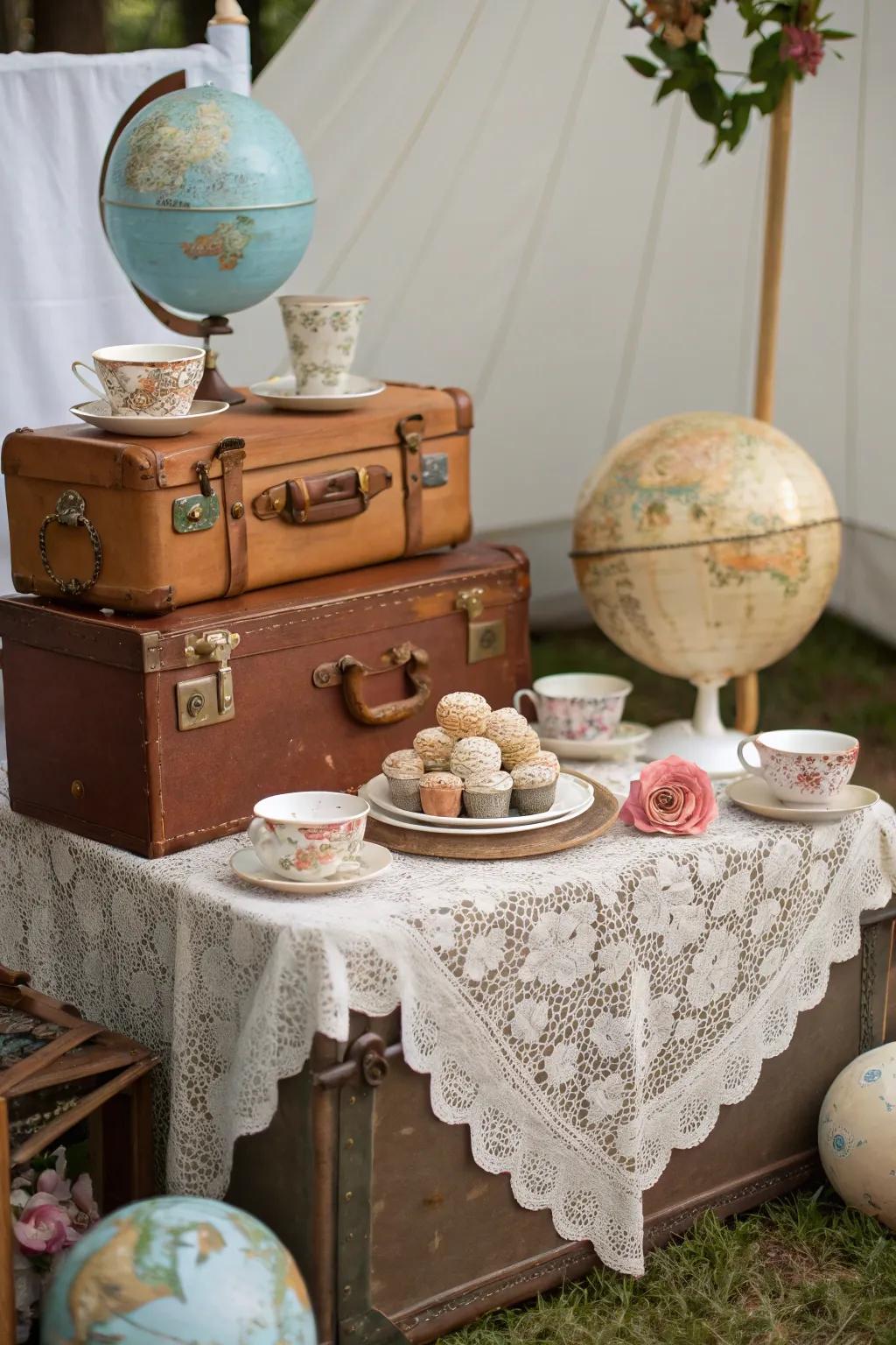 A travel-themed setup adds an adventurous twist to the tea party.