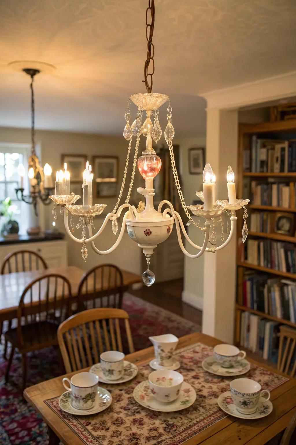 A whimsical chandelier decorated with teacups for a unique touch.