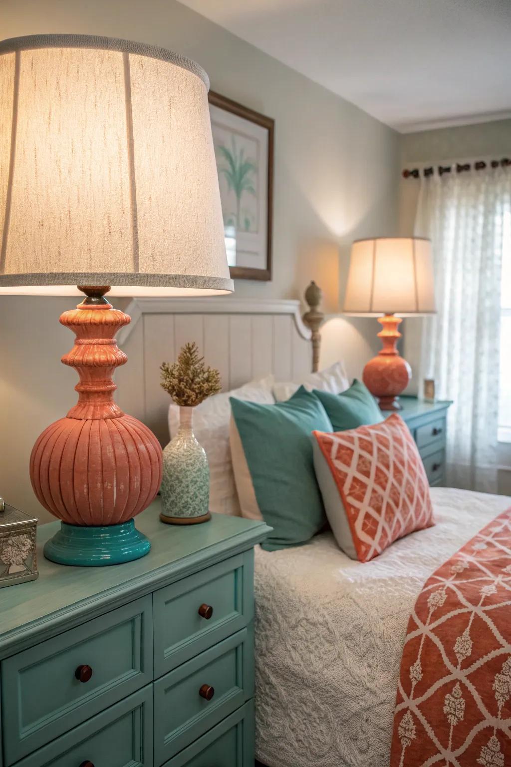 Teal lamps with coral shades for stylish illumination.