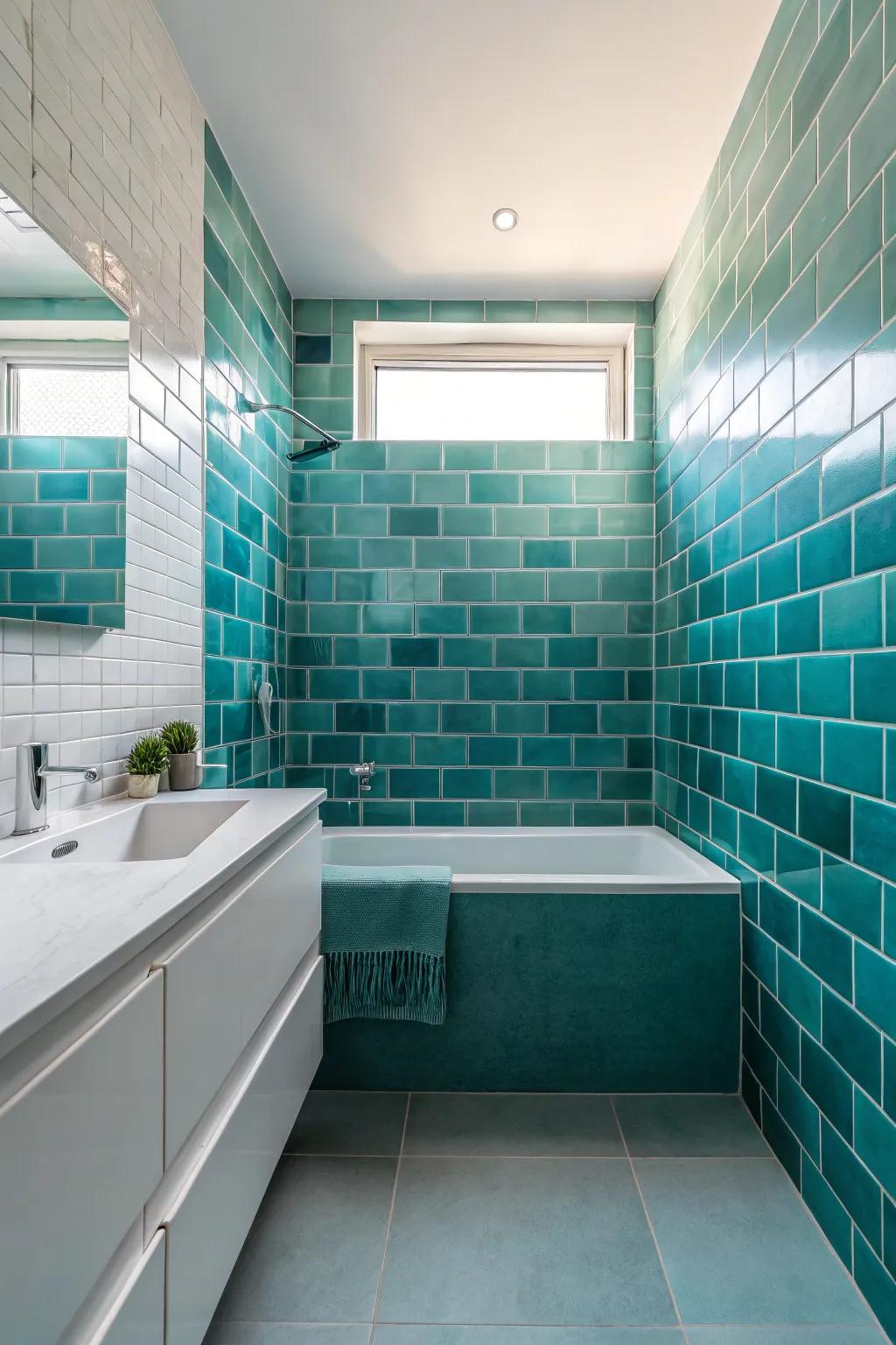 Monochrome teal tiles create a serene, unified aesthetic.