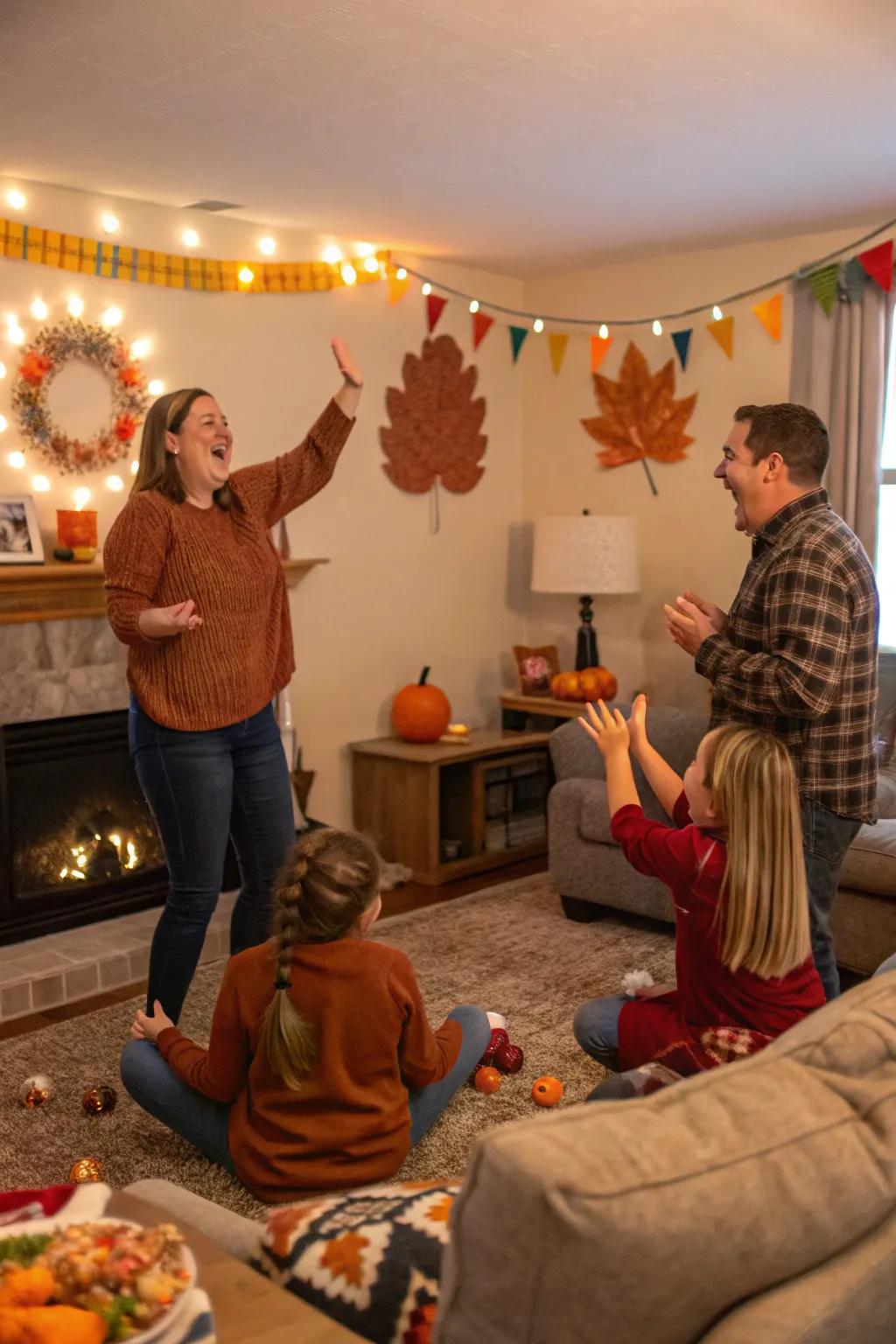 Family enjoying an animated game of Thanksgiving charades.