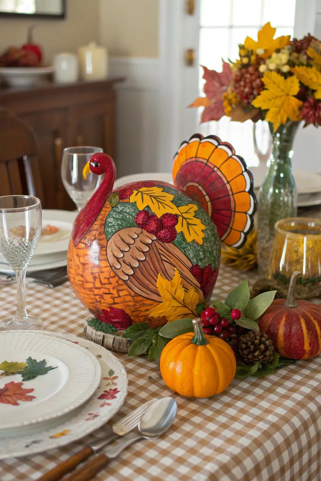 A painted glass turkey adds a unique, personal touch.