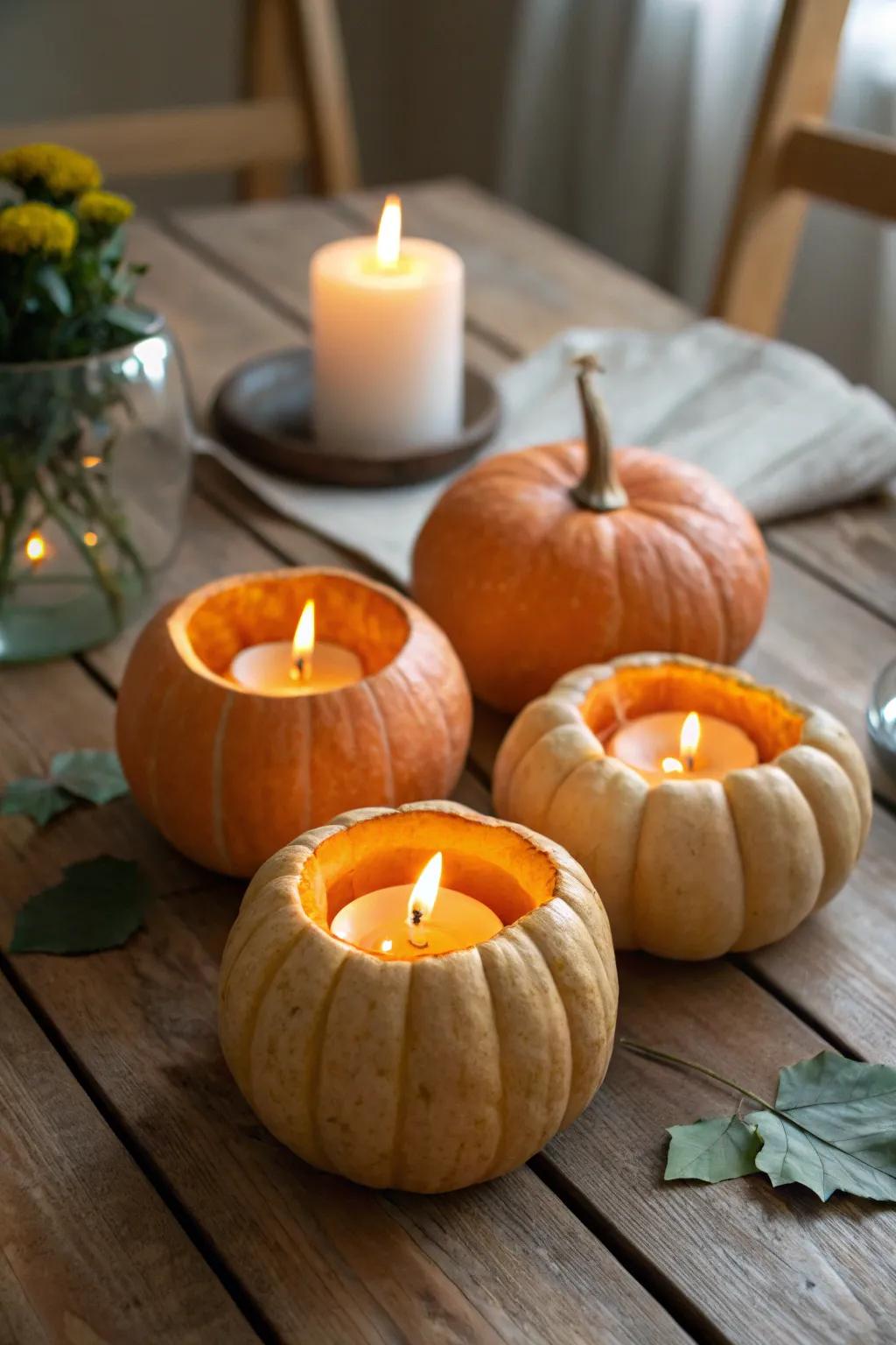 Warm pumpkin candle holders for a cozy ambiance.