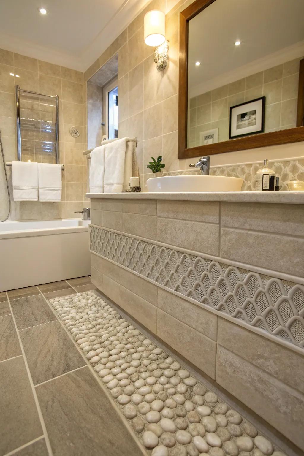 Textured trim enhances the sensory appeal of tiled spaces.
