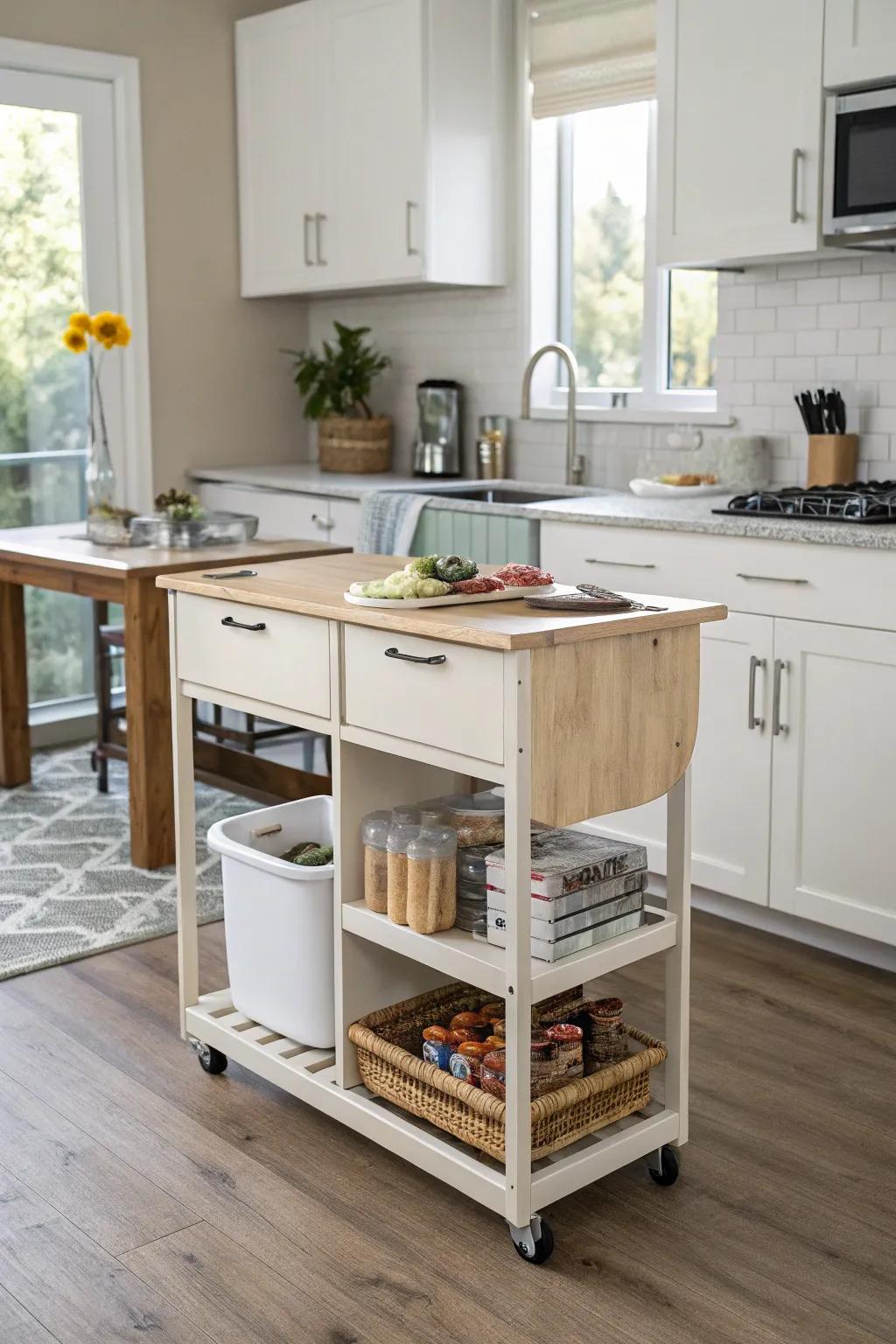 A moveable island adds flexibility and functionality to a tiny kitchen.