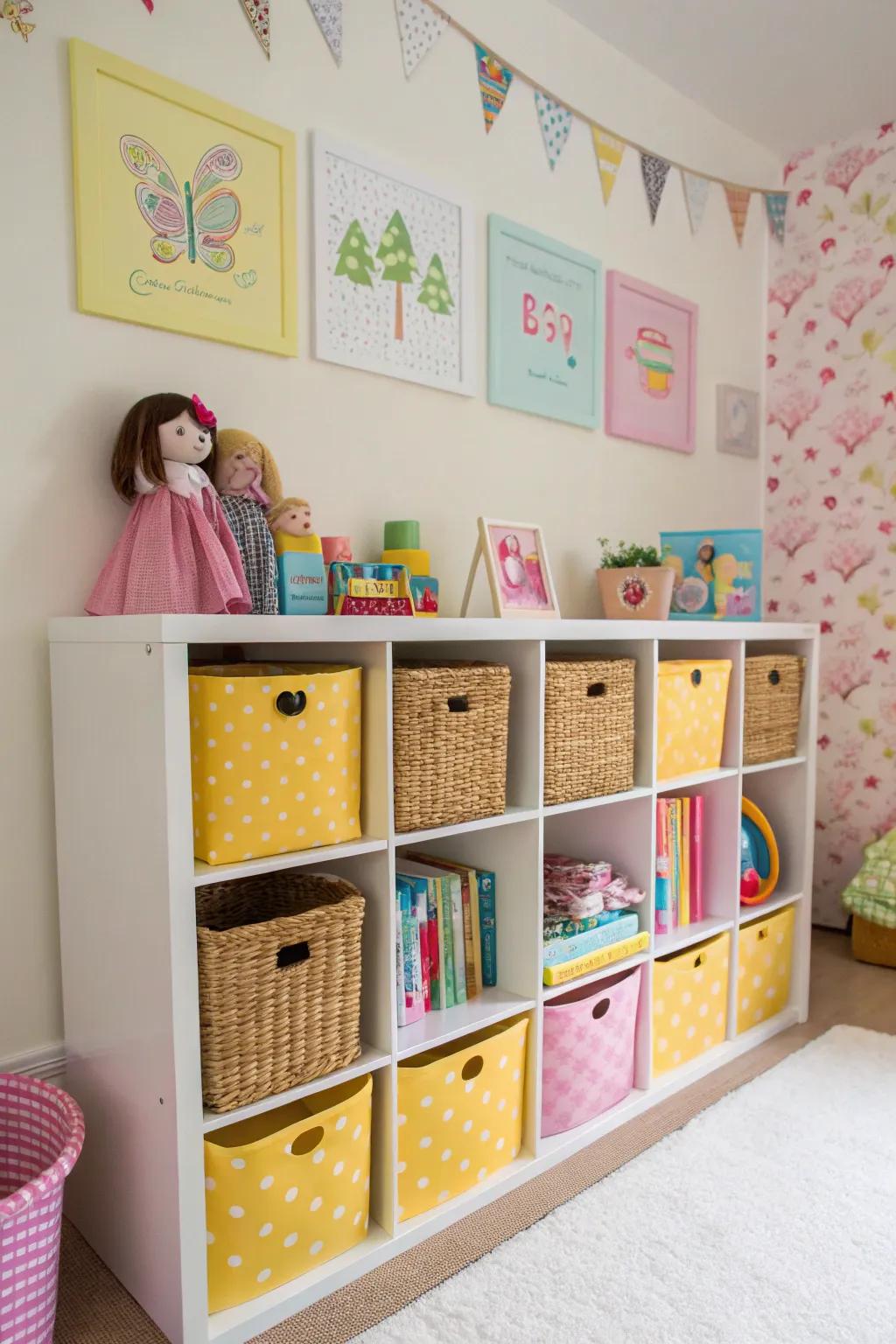 Efficient storage solutions keep the room tidy.