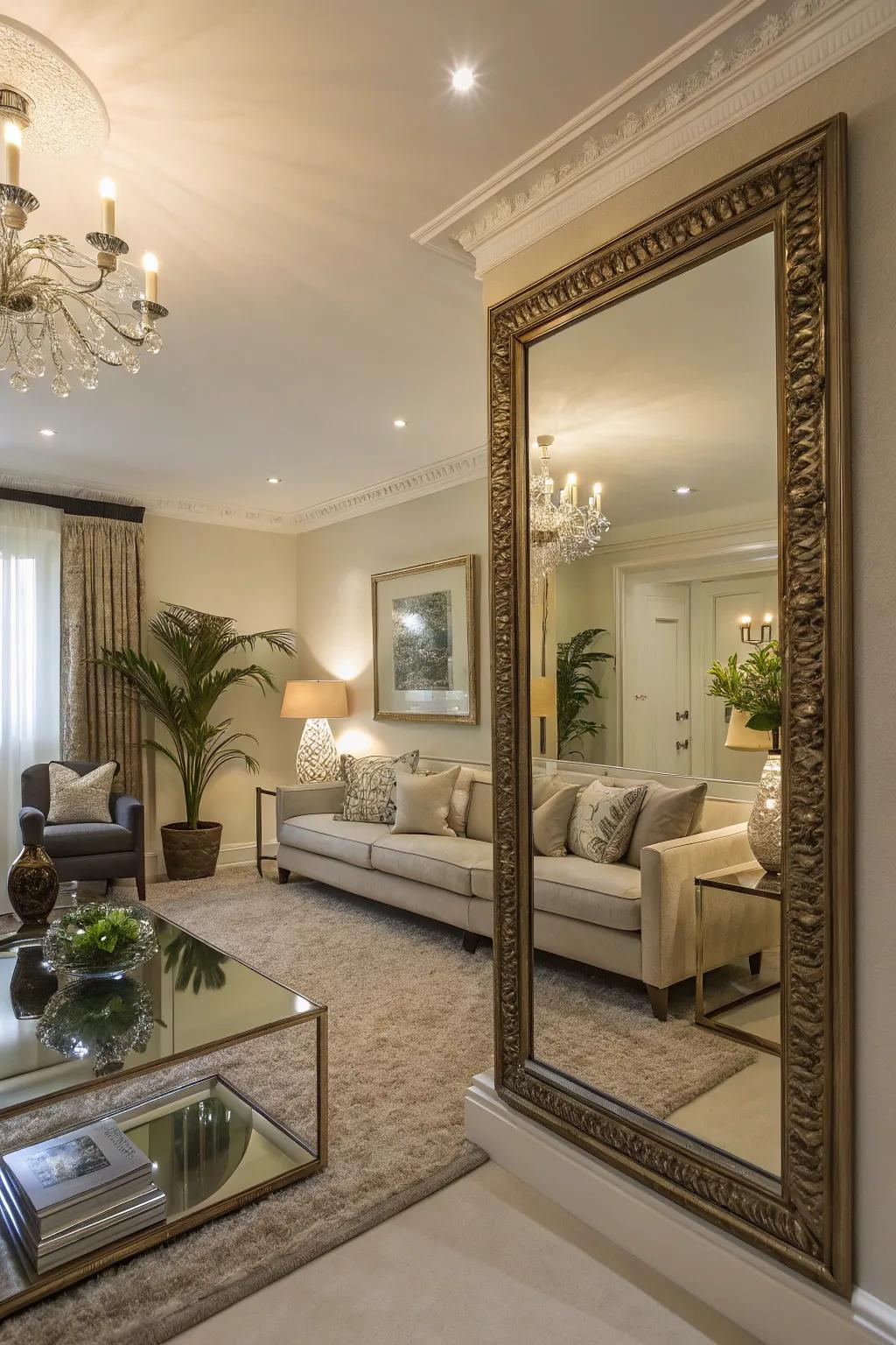 Living room with a large decorative mirror