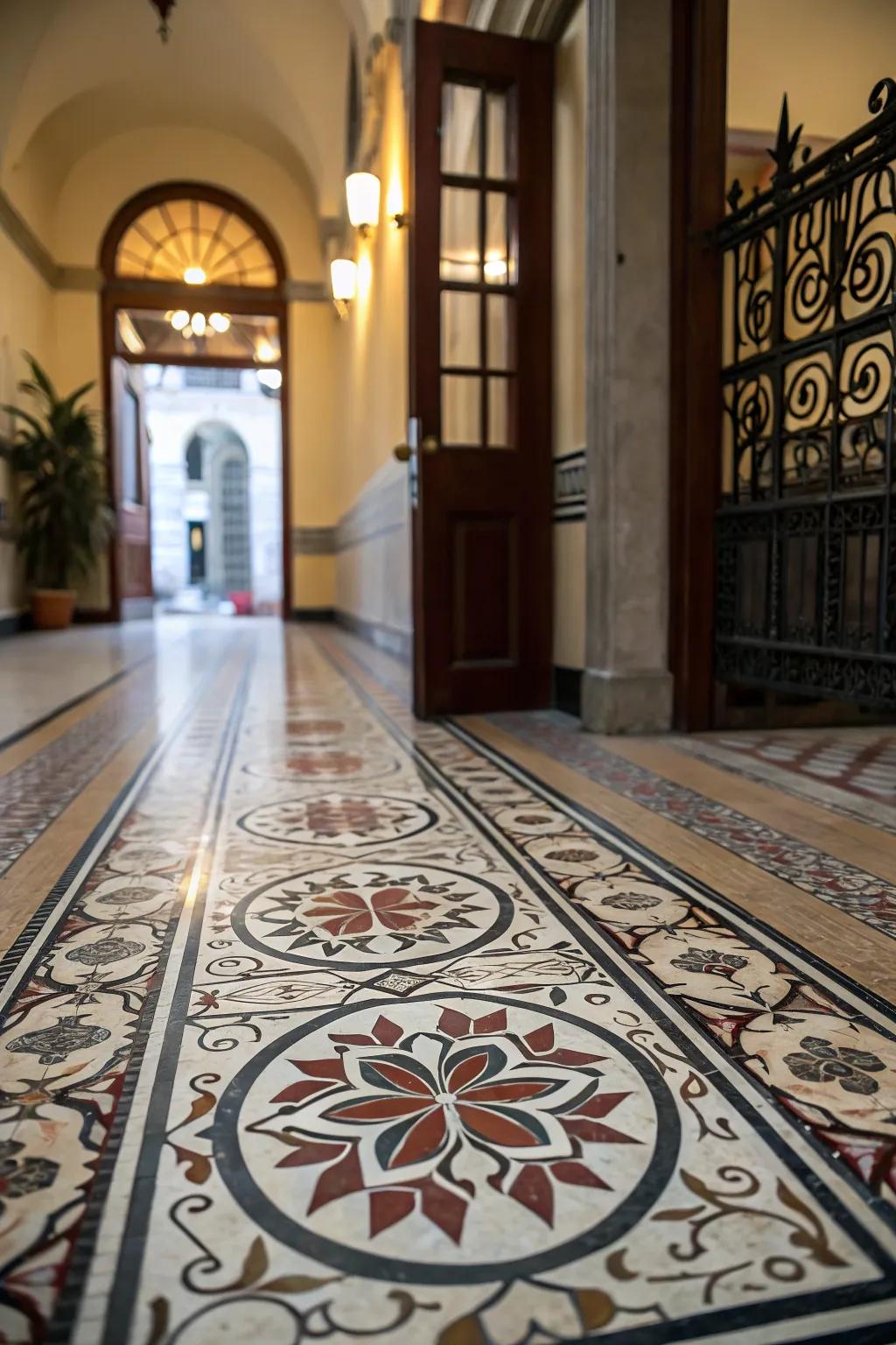 Bold flooring with intricate patterns grounds the entryway space.