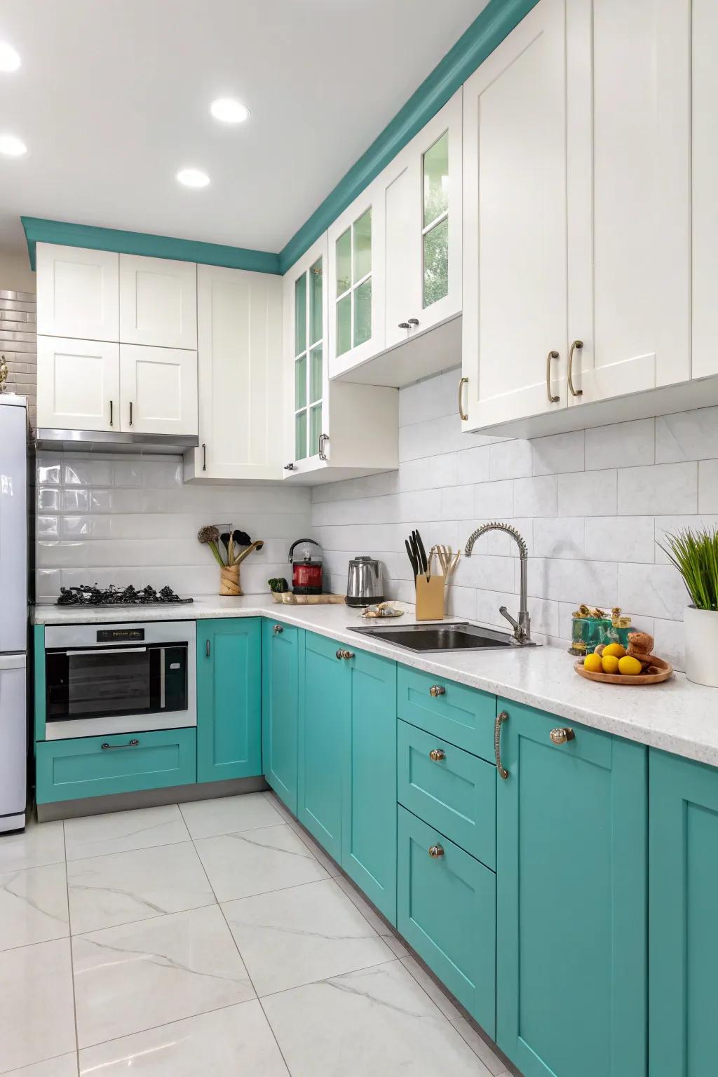 Two-tone design adding depth to turquoise kitchen cabinets.