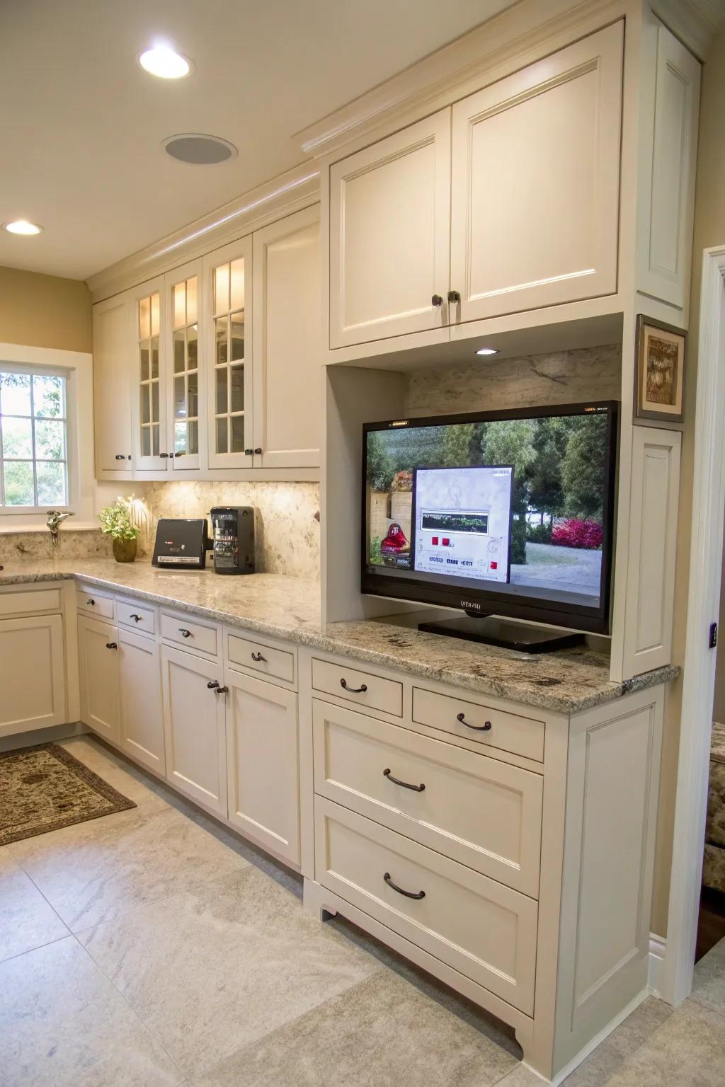 A small TV installed under kitchen cabinets for convenient viewing.