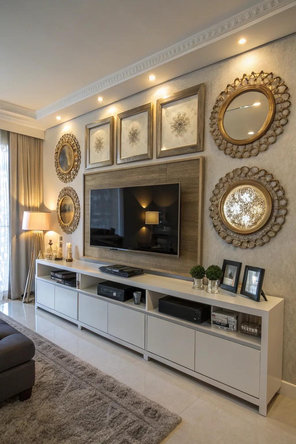 Mirrors add depth and openness to this TV wall.