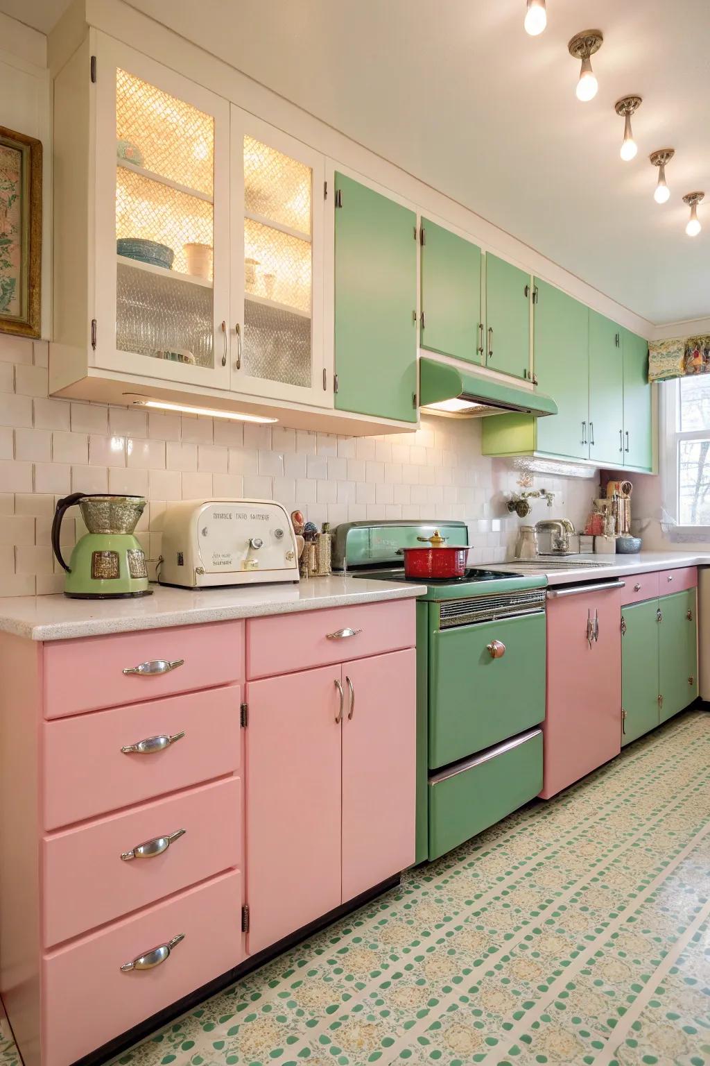 A playful pink and green kitchen with a retro charm.