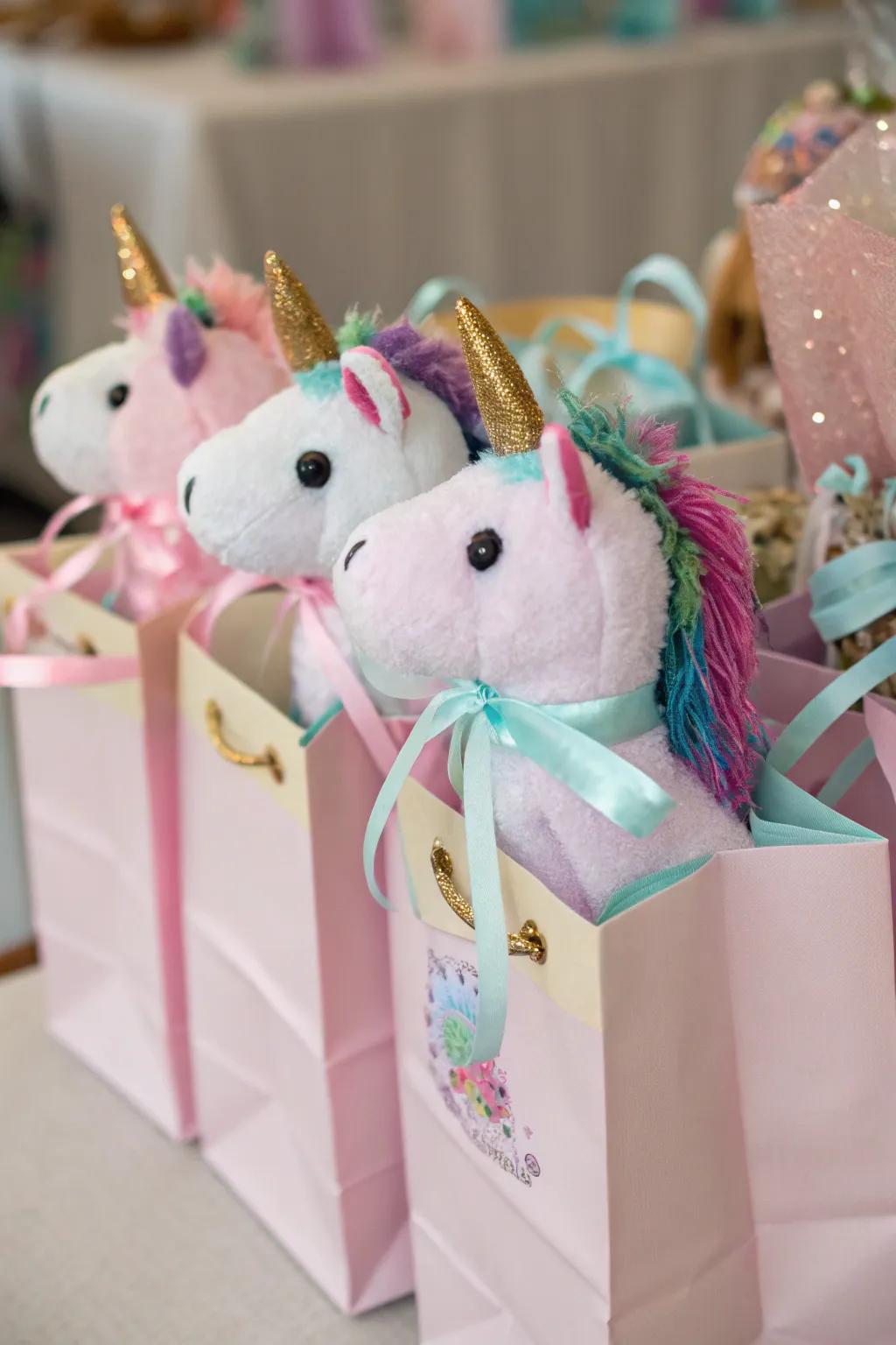 Adorable unicorn plush toys in favor bags.