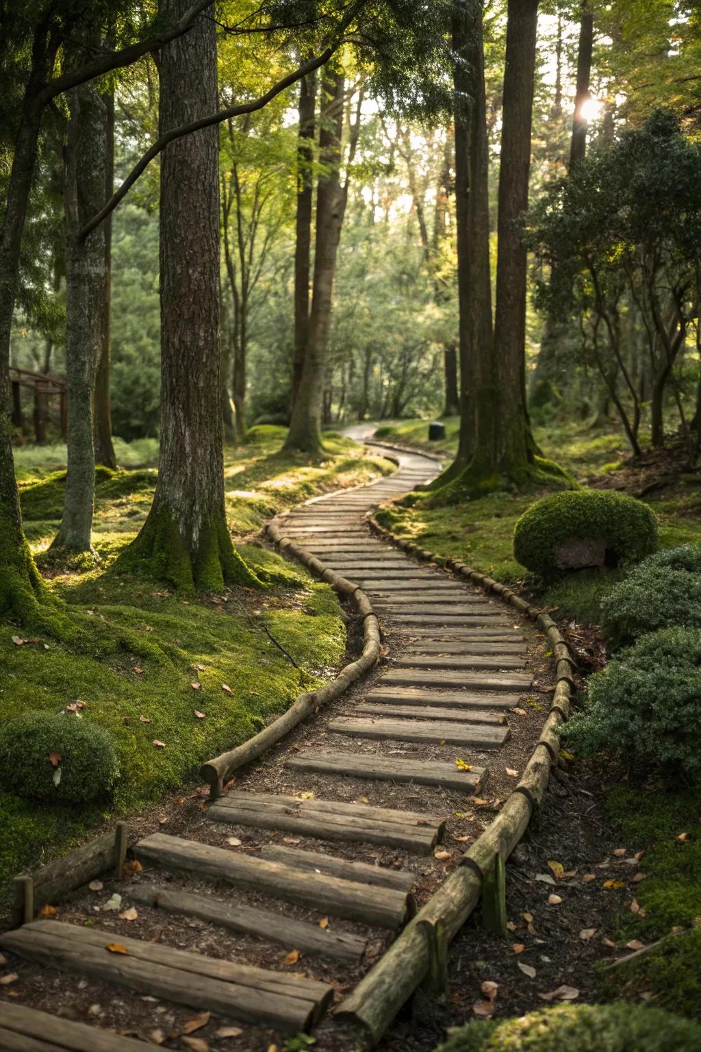 Woodland paths blend seamlessly with their environment, offering a rustic charm.