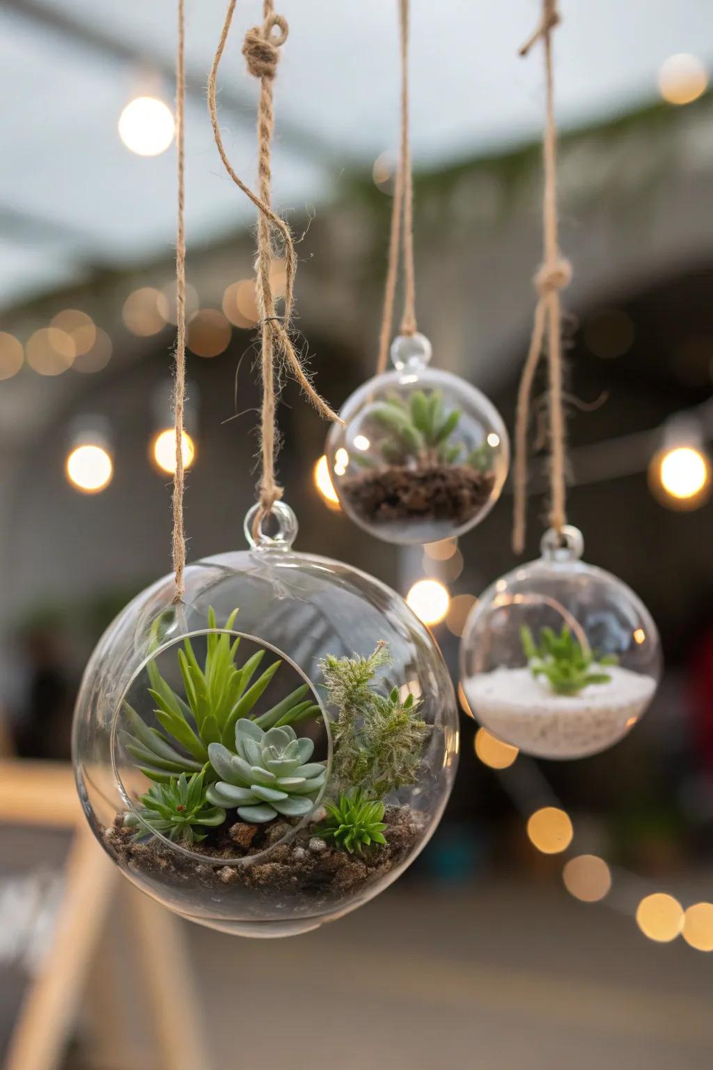 Modern glass orbs showcase hanging succulent gardens.