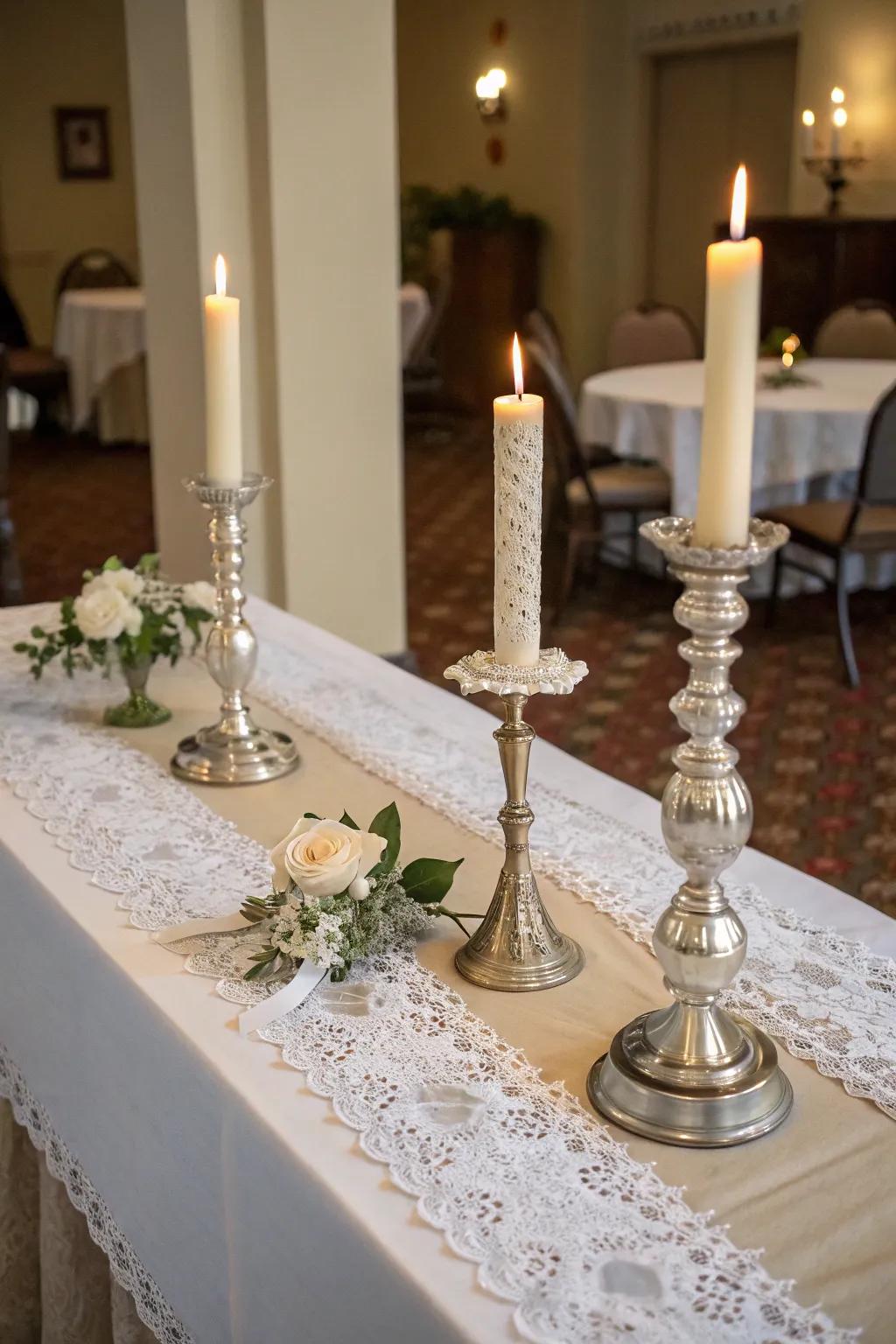 Vintage charm is added with antique candlesticks and lace runners.