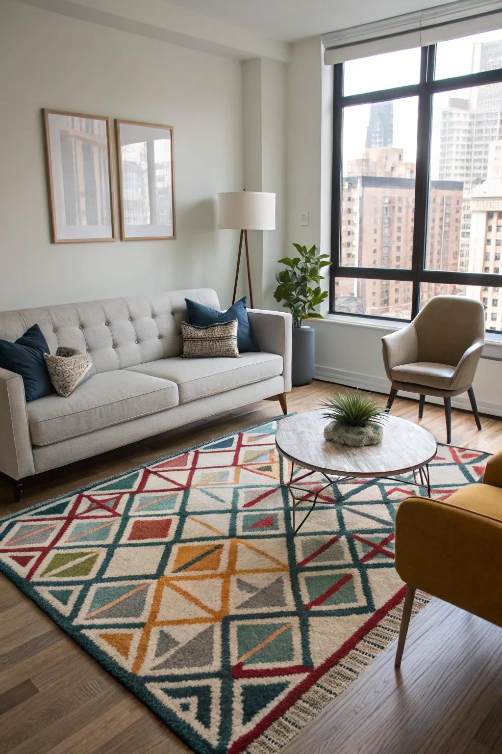 Rugs with bold patterns add warmth and define spaces.