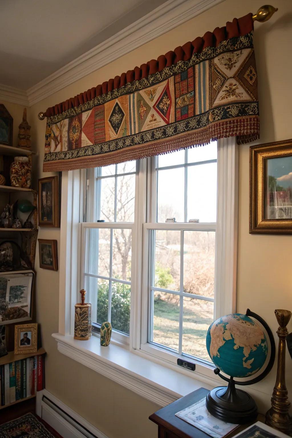 A window with a culturally inspired valance in a globally themed room.