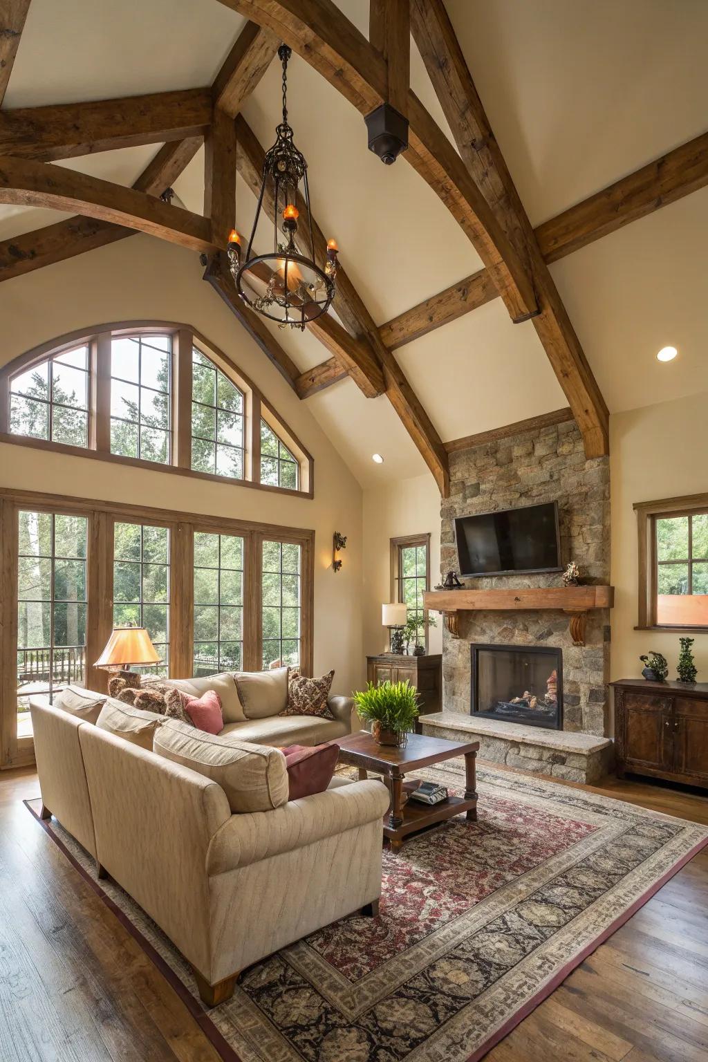 Living room with vaulted ceiling and rustic wooden beams on the accent wall