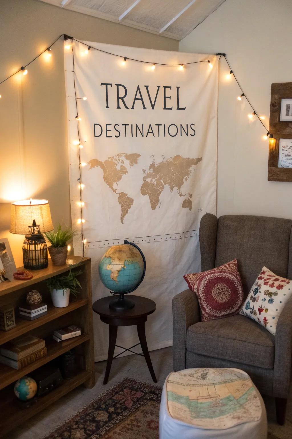 Travel-themed banners showcase beloved destinations in a cozy den.