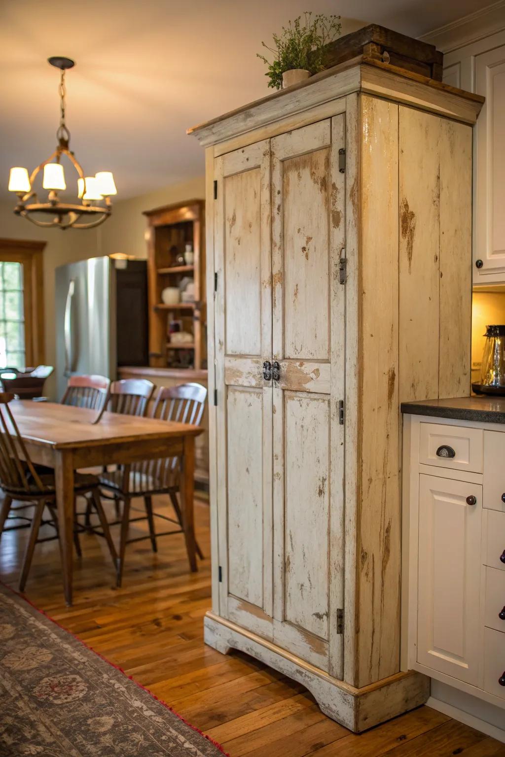 A distressed vintage cabinet adding texture to a cozy kitchen.