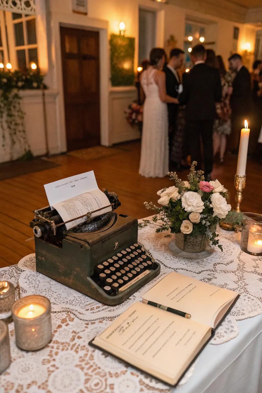 An antique typewriter serving as a unique guestbook at a wedding.