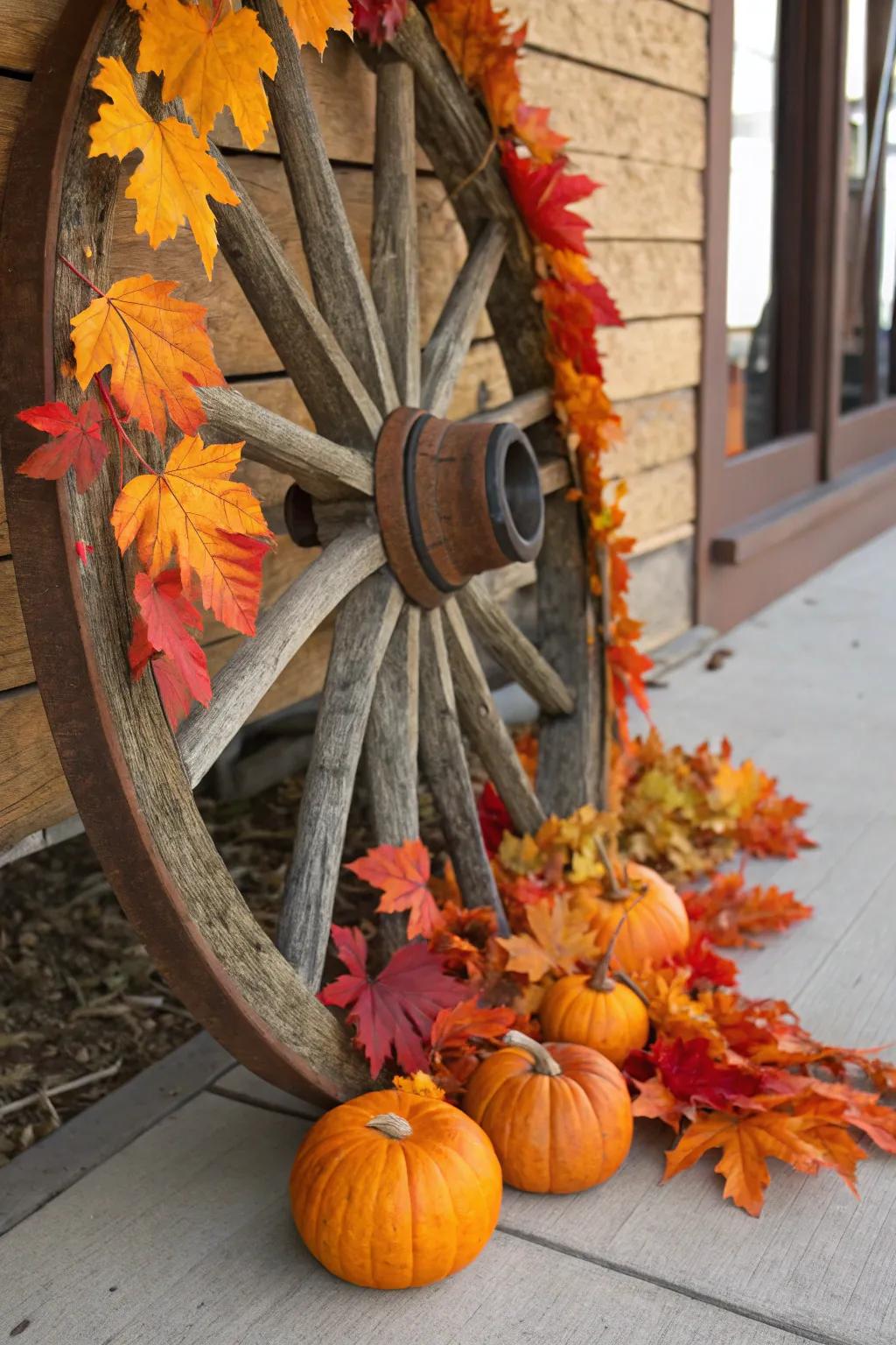 Seasonal touches transform a wagon wheel into festive fall decor.