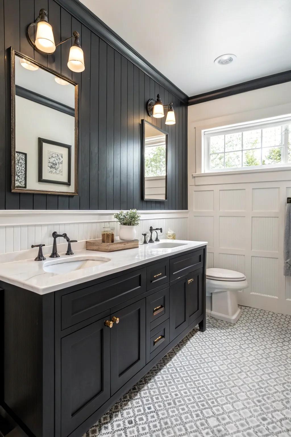 Dark wainscoting offers a striking contemporary contrast.