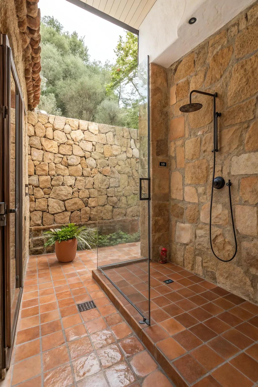 Shower with terracotta floor tiles and stone walls.