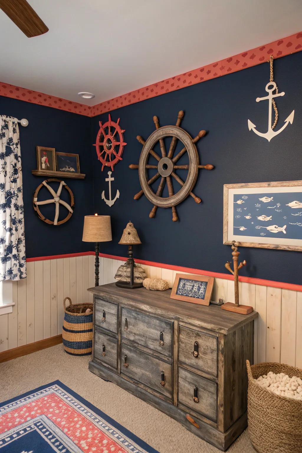 Adventure and charm with navy walls and coral trim.