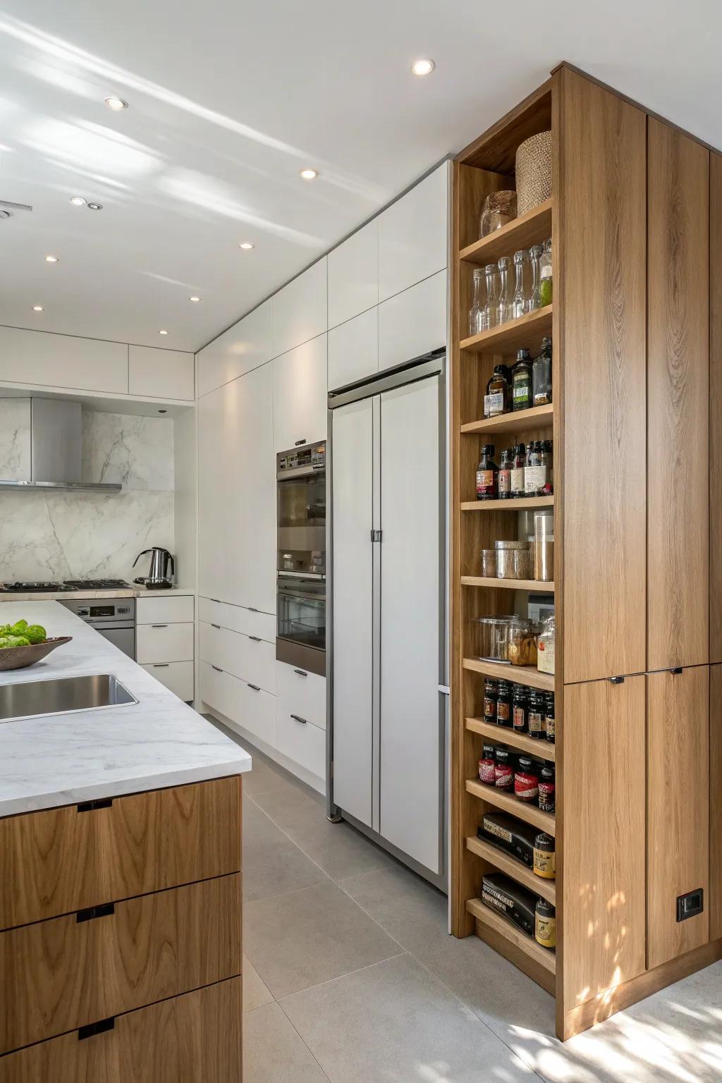 Hidden pantry cabinets blending seamlessly with kitchen architecture.