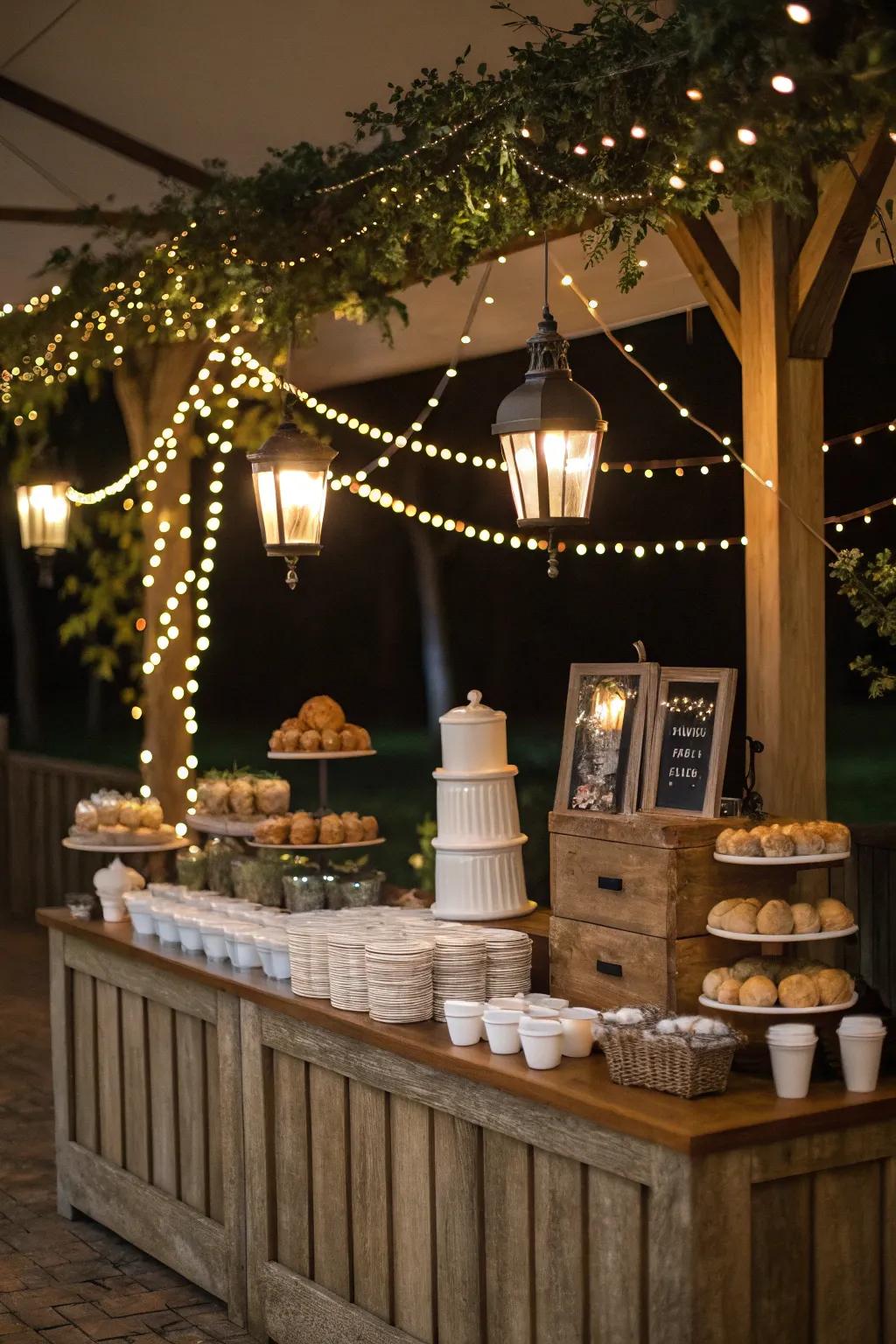 Elegant lighting accents at a wedding coffee bar.