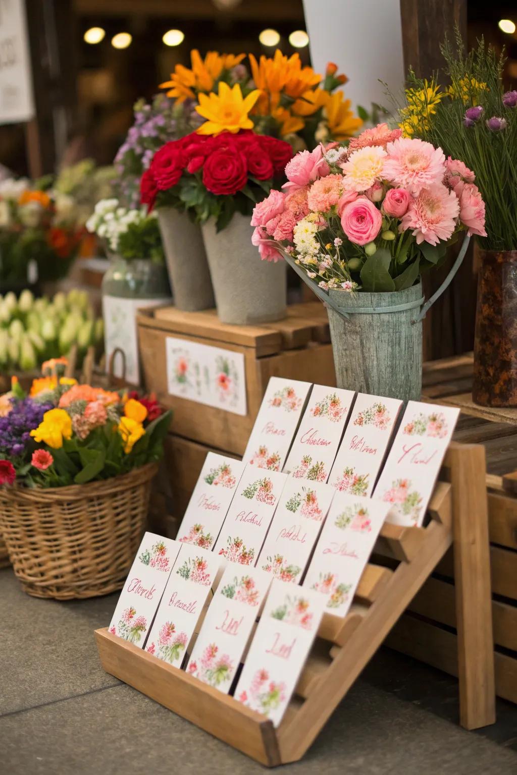 A unique escort card display at a wedding, featuring a charming flower market theme.