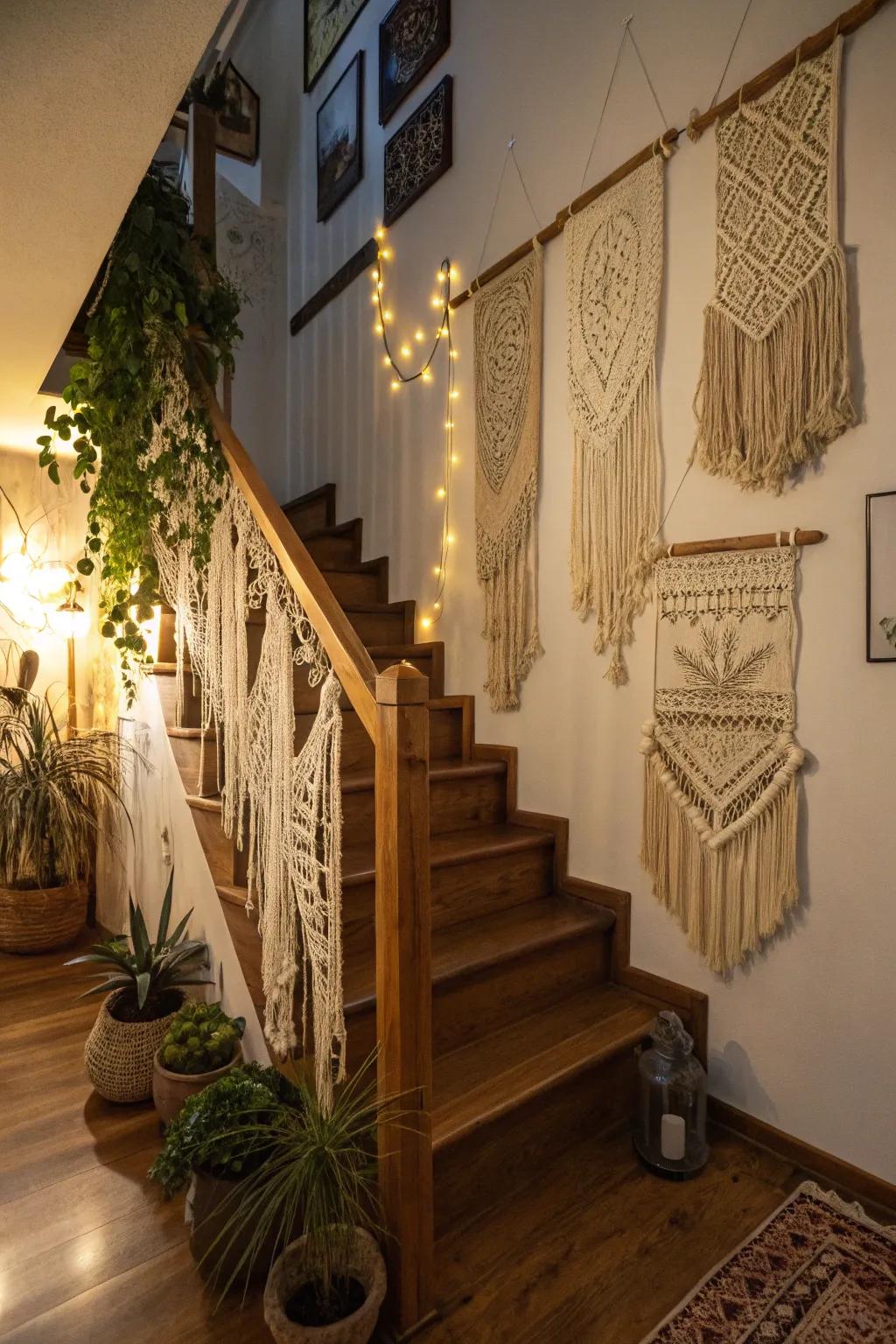 Bohemian elements add a relaxed and eclectic vibe to this staircase.