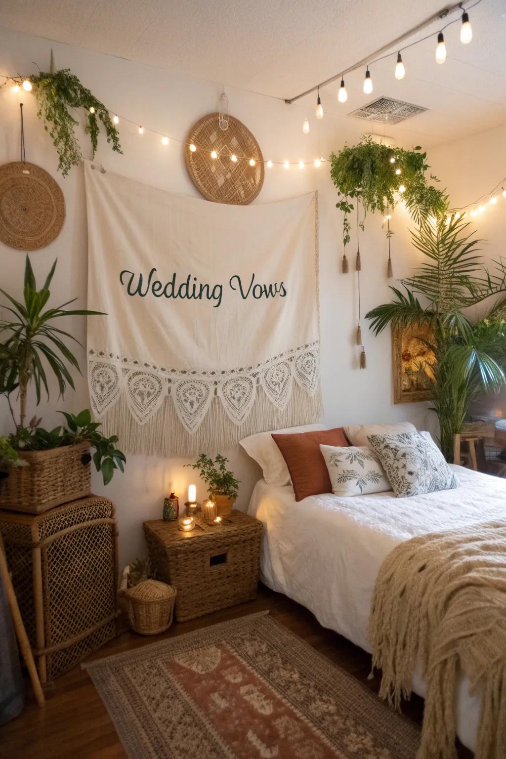 Bohemian tapestry of vows creating a stunning guest room statement.