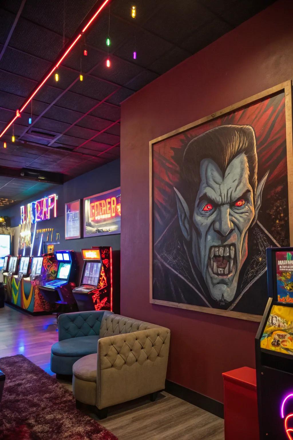 A monstrous face painting that adds a bold touch to a vibrant game room.