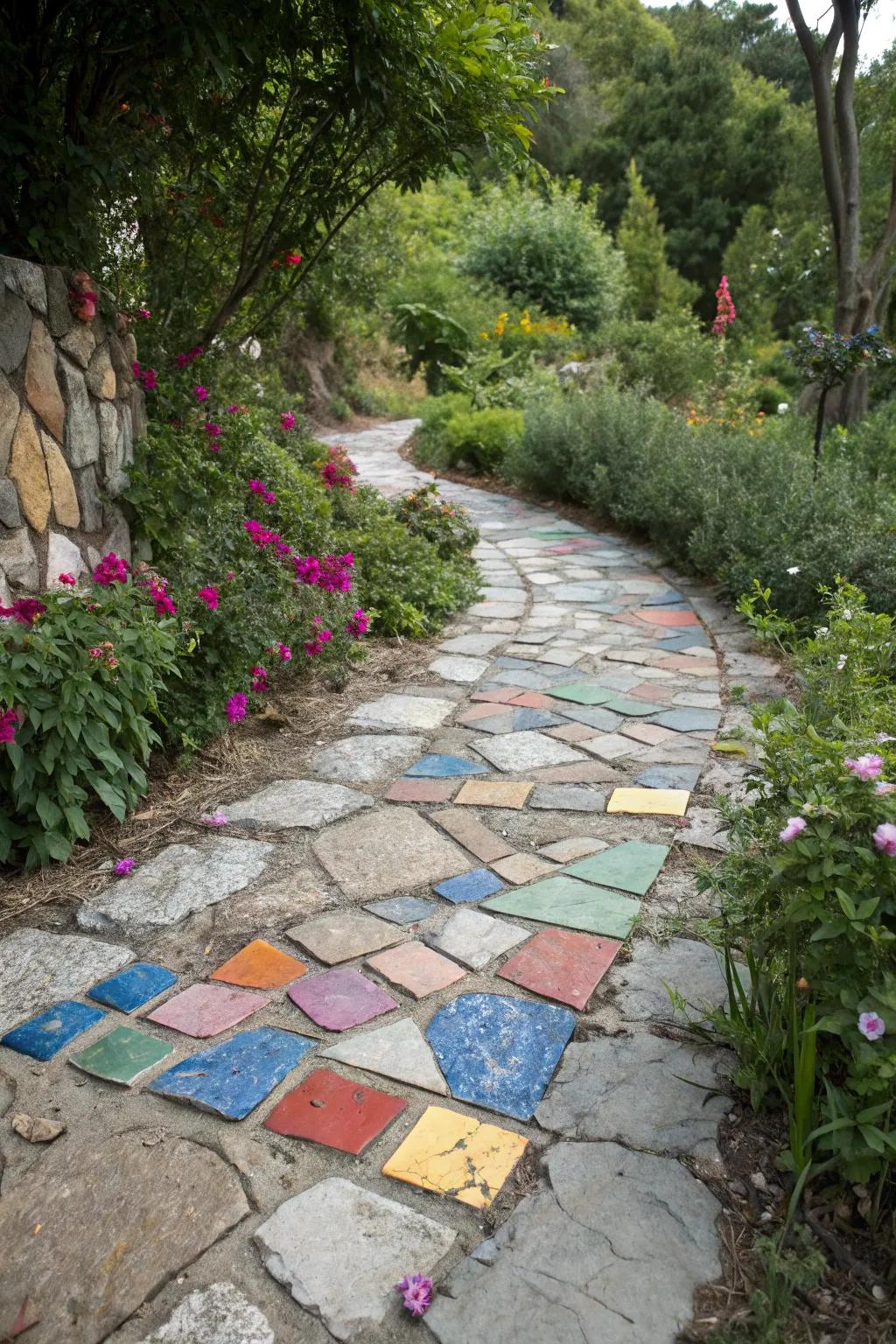 Tile pieces add an unexpected splash of color between flagstones.